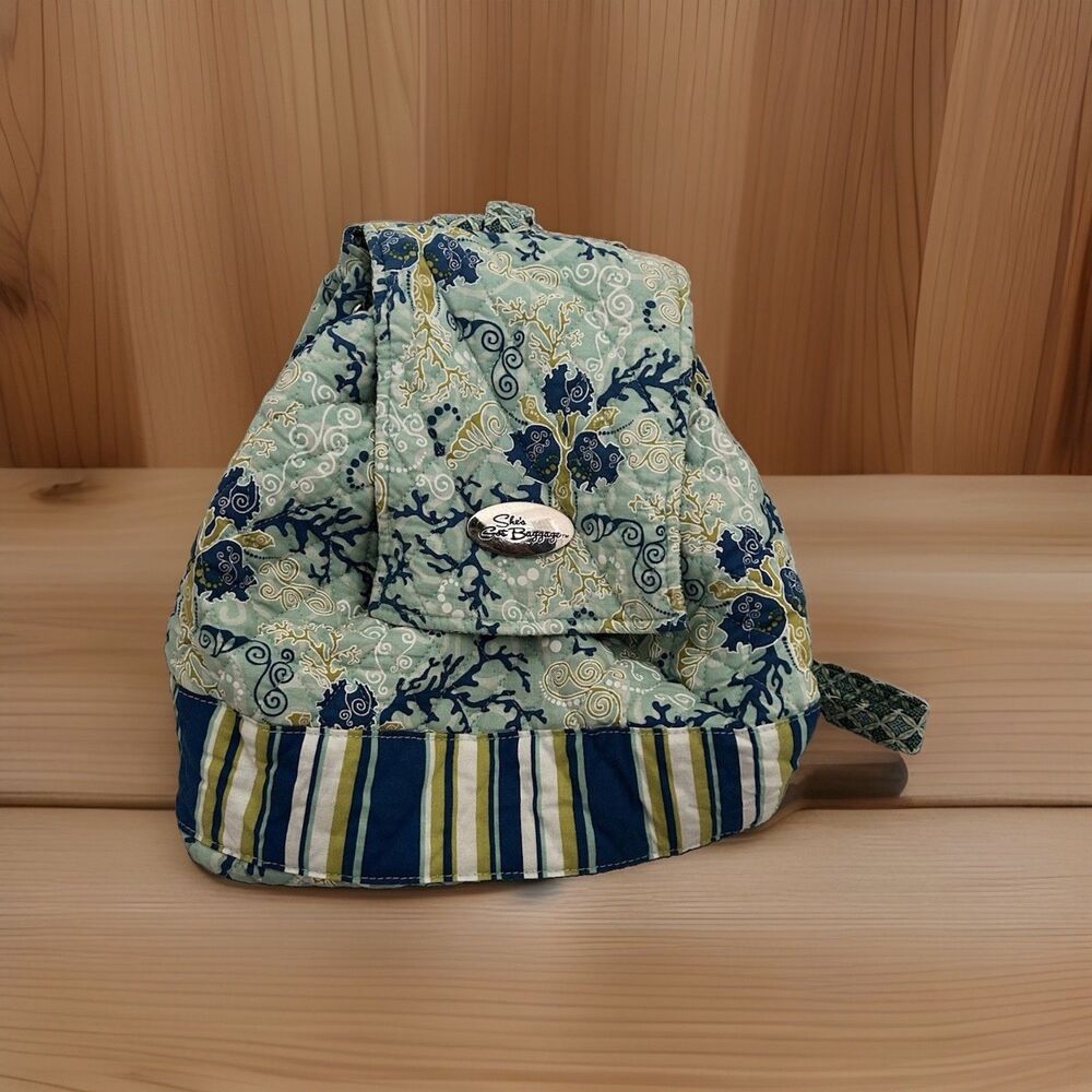 She’s Got Baggage Floral Drawstring Backpack Blue Green White Snap Zip Pockets